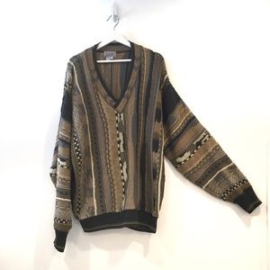 Vintage Neutral V-neck 100% Cotton Comfy Grandpa Knit Oversized Sweater Sz L